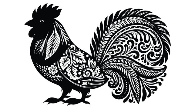 Rooster silhouette illustration with intricate floral and leaf patterns design
