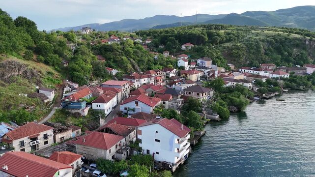 Beautiful Lakeside Landscape of Lin Peninsula and Lake Ohrid Captured by Drone