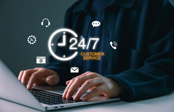 24/7 customer service concept with person using laptop and digital support icons, online help desk, technical support, communication channels, client assistance, and business service availability.