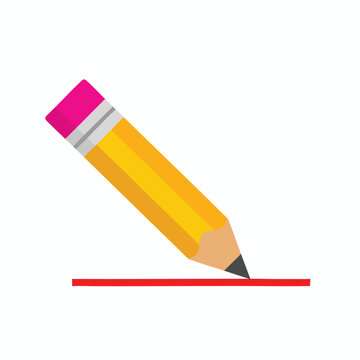 A yellow pencil with a pink eraser drawing a red line on a white background.