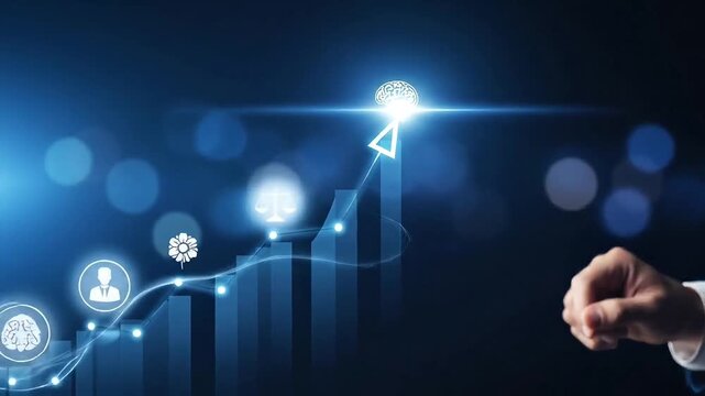 Business success and innovation concept with glowing brain touched by hand on futuristic digital