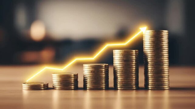Ascending golden coins stack growth with glowing upward trend line illustrating financial success