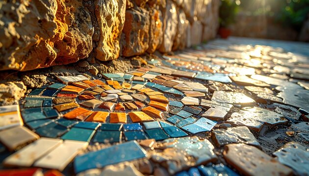 Detailed mosaic tile path featuring colorful geometric patterns laid among rough stone textures in warm sunlight