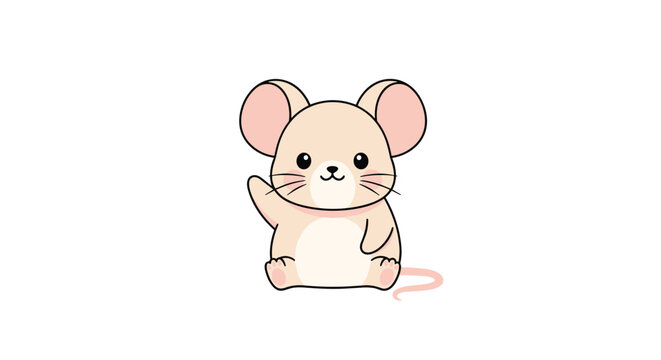 Adorable little mouse character sitting down and waving its paw with a friendly expression and a long tail on a plain white background.