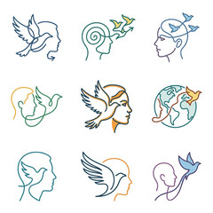Fototapeta premium Abstract line art of human heads with birds and globe, symbolizing freedom and peace