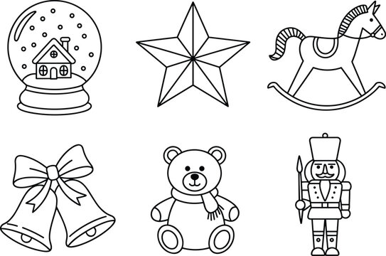Christmas holiday icon set with snow globe, star, rocking horse, bells, teddy bear, nutcracker soldier vector illustration design