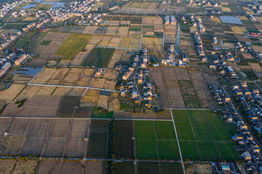Aerial View of Rural Farmland and Village in Shiqiaotou, Wenling, China