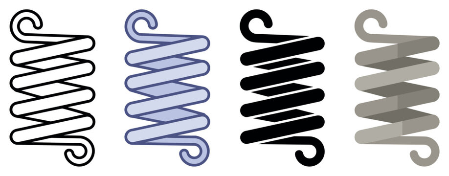 Spring icons set. Metal spring icon. Coil spring symbol. Elasticity, compression sign. Flat, line, and solid style