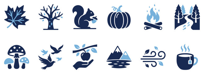 Obraz premium Autumn season icons set. Fall nature elements. Maple leaf, tree, squirrel, pumpkin, campfire, forest, mushrooms, birds, apple, mountains, wind, tea cup. Solid black silhouette style