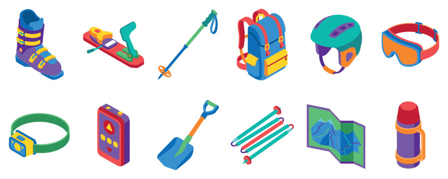 Ski touring equipment icons set. Winter sport gear icon. Ski boot, ski pole, backpack, helmet, goggles, headlamp, transceiver, shovel, probe, map, thermos. Isometric flat style