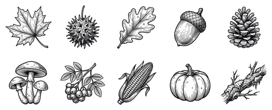 Autumn harvest icons set. Fall season elements. Maple leaf, oak leaf, acorn, pine cone. Mushroom, rowan, corn, pumpkin, branch. Hand-drawn doodle style