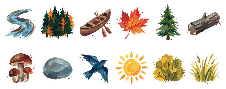Nature elements icons set. Outdoor adventure and forest symbols. River, trees, canoe, maple leaf, pine, log, mushrooms, rock, bird, sun, bush, grass. Watercolor brush stroke style
