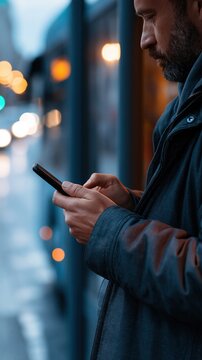 Urban Navigator: A man engrossed in his smartphone, navigating the city streets at dusk, illuminated by the ambient glow of urban lights.