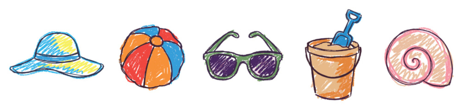 Beach vacation icons set. Summer holiday symbols. Sun hat, beach ball, sunglasses. Sand bucket, seashell icon. Hand-drawn doodle style