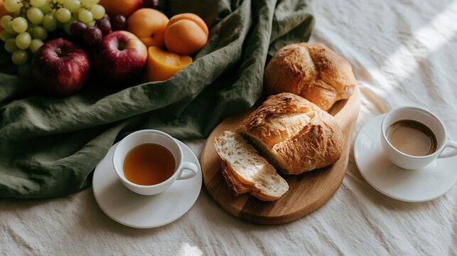 Artisanal Breakfast Spread: A delightful assortment of fresh bread, rich coffee, aromatic tea, and vibrant fruits creates a tempting morning spread, perfect for a relaxed start to the day.