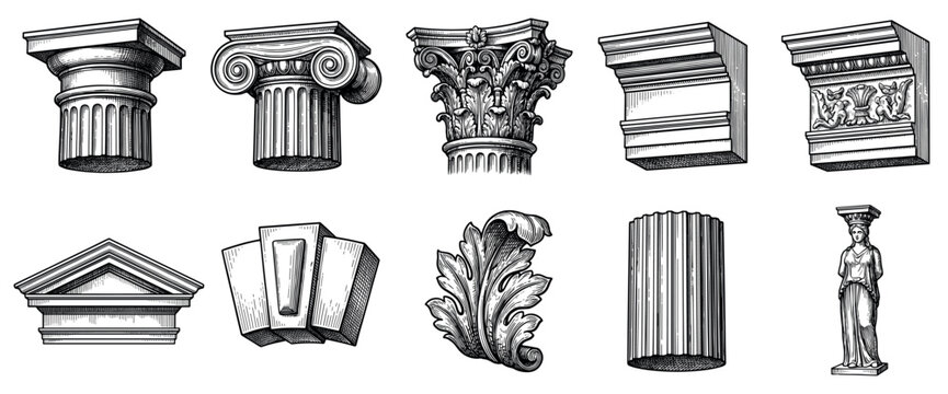 Ancient architecture elements icons set. Column capitals, pediment, acanthus leaf. Doric, Ionic, Corinthian styles. Caryatid statue. Architectural details hand-drawn doodle style