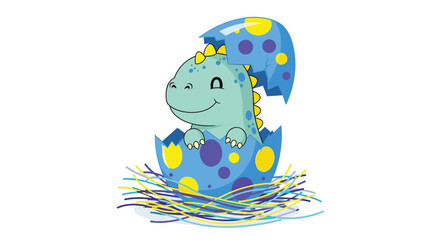 Fototapeta premium Small green baby dinosaur with a happy smile hatches from a blue speckled egg nestled in a bed of colorful straw.