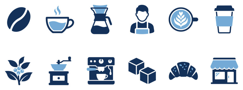 Coffee shop icons set. Barista, coffee bean, cup, and machine symbols. Cafe, croissant, sugar, and coffee plant icons. Flat and solid color style
