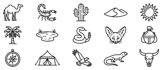 Fototapeta premium Desert and safari icons set. Wildlife and nature symbols. Camel, scorpion, cactus, sand dune, sun, palm tree, oasis, snake, fennec fox, canteen, compass, tent, eagle, lizard, bull skull