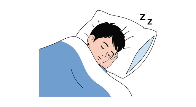 Peaceful young boy sleeps soundly in comfortable bed tucked under soft blue blanket on simple white background.