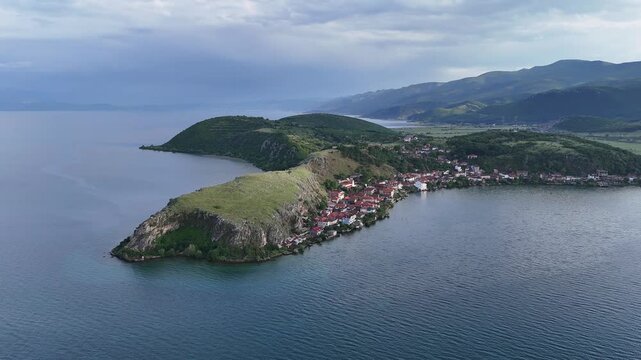Beautiful Lakeside Landscape of Lin Peninsula and Lake Ohrid Captured by Drone