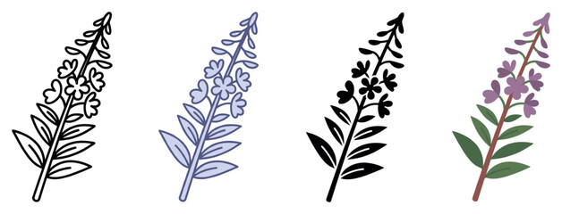 Fototapeta premium Fireweed flower icons set. Blooming plant icon. Wildflower symbol. Botanical illustration. Nature, flora, herbal medicine. Flat, line, and solid style