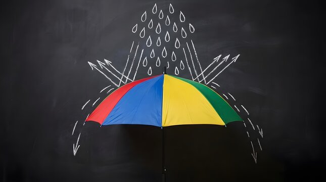 Colorful umbrella with raindrops and arrows depicting water deflection on blackboard background.