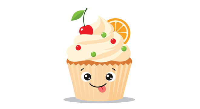 Delicious cartoon cupcake with cream frosting decorated with cherry orange slice and colorful candy sprinkles.