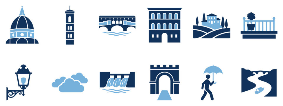Travel and tourism icons set. Landmark and city symbols. Dome, tower, bridge, building. Landscape, balcony, street lamp. Clouds, dam, arch, person with umbrella, river. Solid black