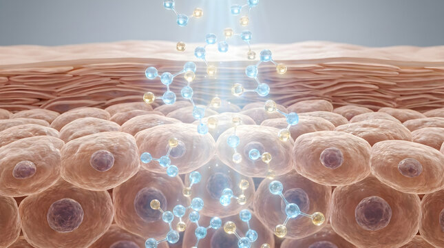 Bright light rays filter through active molecular compounds to revitalize basal skin cells. 3D rendering.