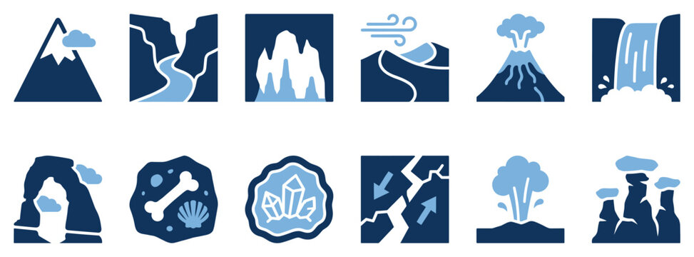Geology and landform icons set. Natural landscape features. Mountain, canyon, cave, desert, volcano, waterfall. Geyser, rock formation. Flat and solid style