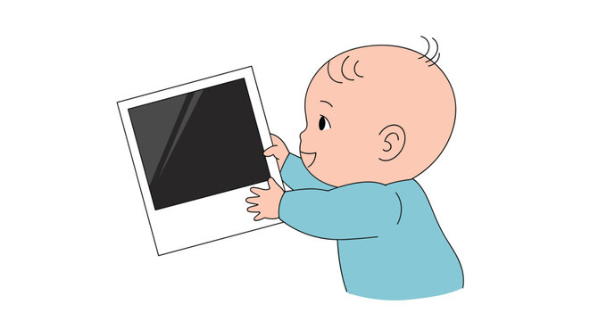 Happy baby boy in blue pajamas holds large empty square photo frame while looking to the side with curious smile.