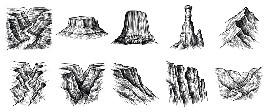 Mountain and canyon icons set. Natural landscape symbols. Grand Canyon, Devils Tower, cliff, valley, mountain peak. Hand-drawn doodle style