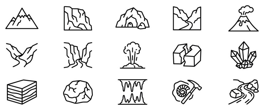 Geology and landform icons set. Natural landscape elements. Mountain, volcano, cave, canyon, river, crystal, geyser, rock, fossil. Outline style