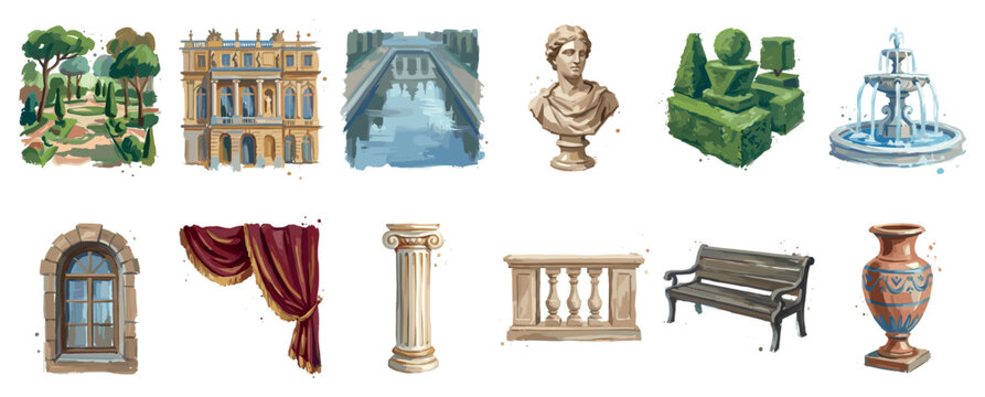 Classical architecture and garden elements icons set. European palace, park, and canal. Bust, topiary, fountain, window, curtain, column, balustrade, bench, vase. Watercolor style