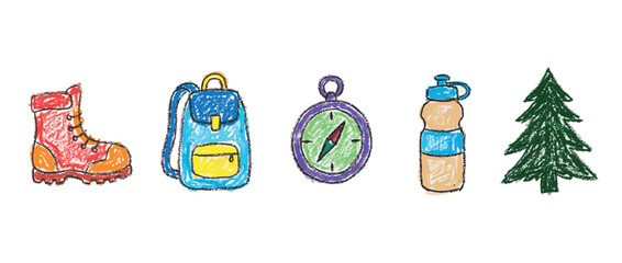 Obraz premium Hiking and camping icons set. Outdoor adventure symbols. Boot, backpack, compass, water bottle, tree. Hand-drawn doodle style