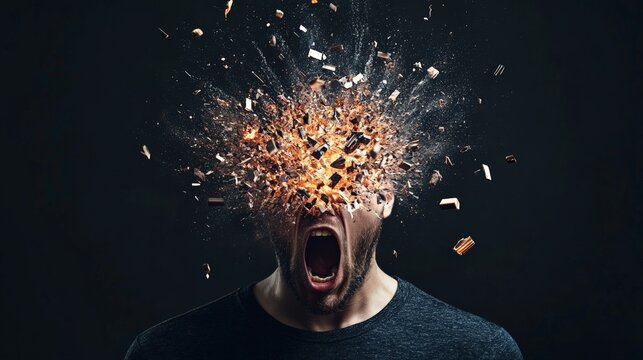 Man with an exploding head screaming, vividly illustrating the overwhelming sensations of stress, migraine, burnout, and various mental health challenges like dementia and anxiety
