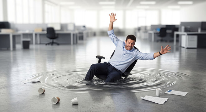Work Overload Vortex | Office worker pulled into a surreal whirlpool of tasks.