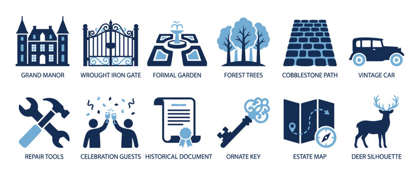 Estate and property icons set. Grand manor, wrought iron gate. Formal garden, forest trees. Cobblestone path, vintage car. Repair tools, celebration guests. Historical document, ornate key