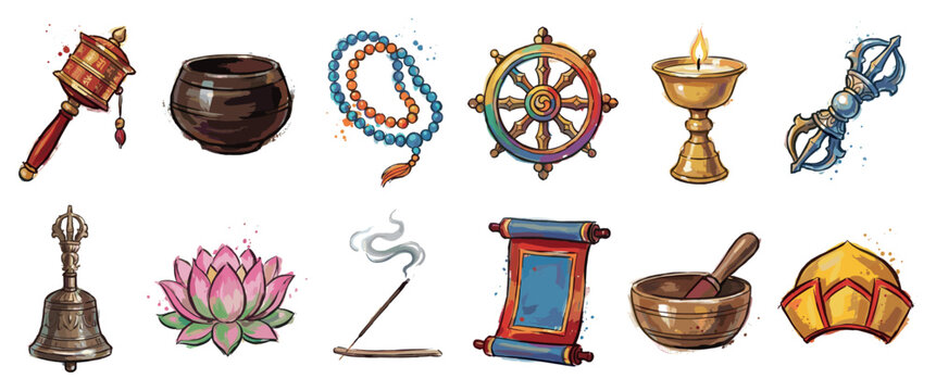 Tibetan Buddhism symbols icons set. Buddhist religious objects. Prayer wheel, mala beads, dharma wheel. Vajra, bell, lotus flower. Incense, singing bowl, monk hat watercolor style