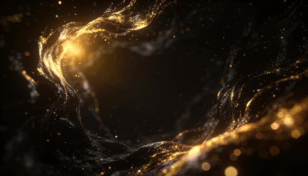 Liquid Gold abstract liquid gold swirl energy glow fantasy space background, shimmering glitter dust and glowing particle wave motion, dynamic dreamy luxury dark cosmic texture flow for elegant
