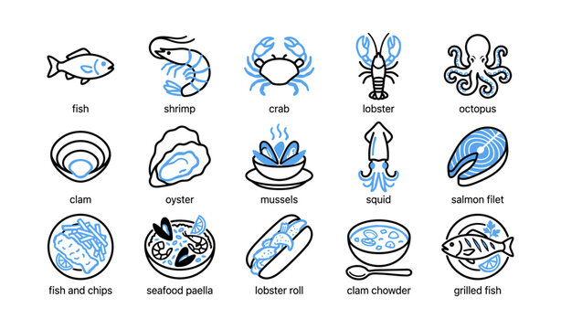 Seafood icons and dishes arranged in grid, white background