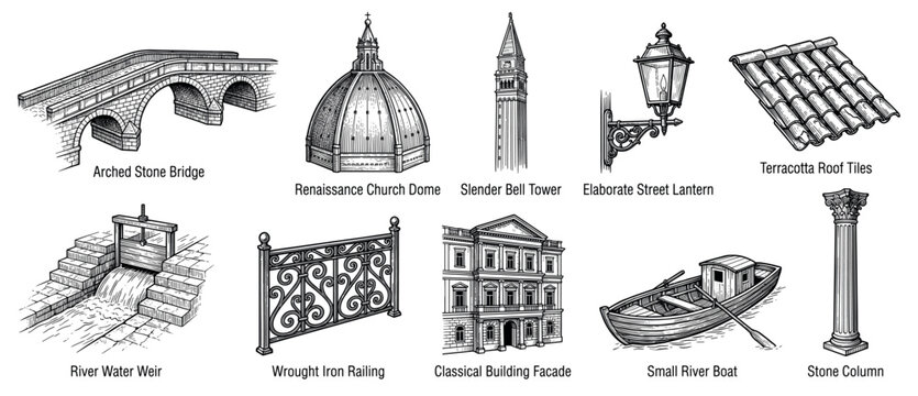 Architectural elements icons set. Historical building and structure symbols. Arched stone bridge, church dome, bell tower. Street lantern, roof tiles, water weir, iron railing. Classical