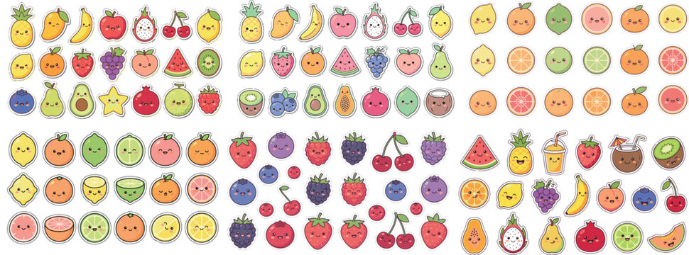 Cute Kawaii Fruit Characters Pack with Smiling Faces | Colorful Cartoon Strawberry Watermelon Pineapple and Orange Vector Sticker Set for Kids Design