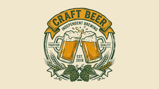 Craft beer illustration with toasted mugs and wheat