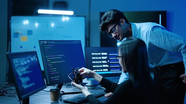 Tech engineers collaborate on a modern robotics project in a high-tech lab at night, analyzing code on multiple monitors and testing a prototype robotic arm component under ambient blue neon lights.