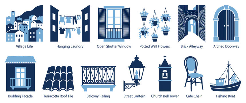 Mediterranean village life icons set. Traditional architecture and culture symbols. Village houses, laundry, window, flowers, alleyway, doorway, facade, roof, railing, lantern, bell tower,