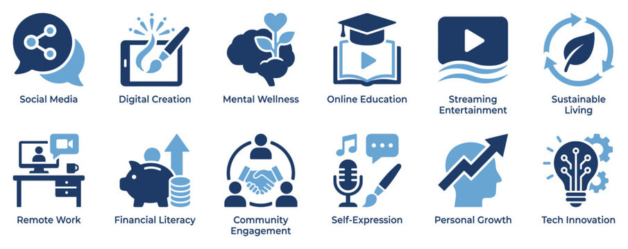 Modern lifestyle icons set. Social media, digital creation, mental wellness. Online education, sustainable living, remote work. Financial literacy, community engagement, self-expression