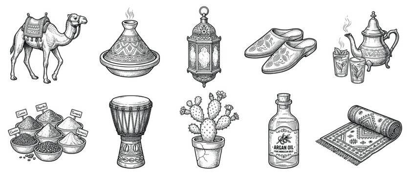 Moroccan culture icons set. Traditional Moroccan symbols. Camel, tagine, lantern, slippers, tea set. Spices, drum, cactus, argan oil, rug. Hand-drawn doodle style