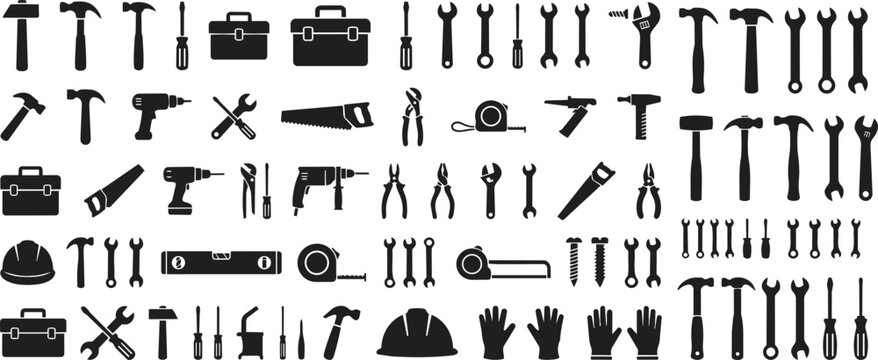 Black Work Tools Silhouettes Mega Pack with Hammers Wrenches Screwdrivers and Toolbox Icons Set Industrial Construction Hardware Vector Collection